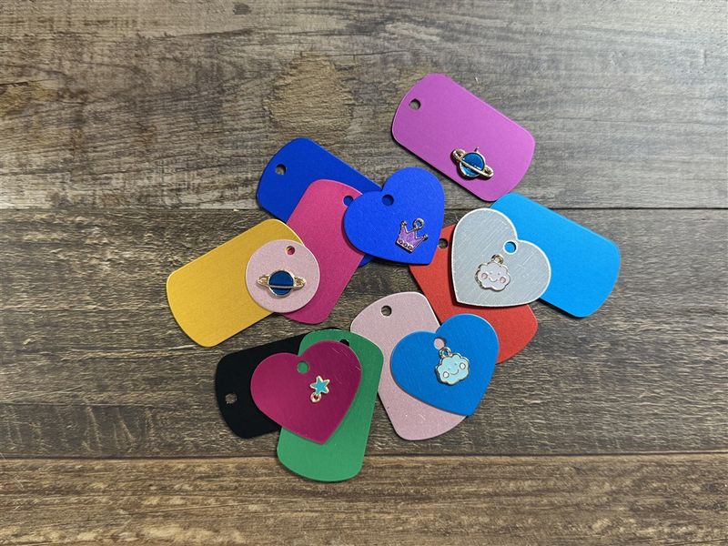 Blank Aluminum Pet ID Tags — Heart, Bone, Round &amp; Dog Tag Shapes (Multiple Colors)