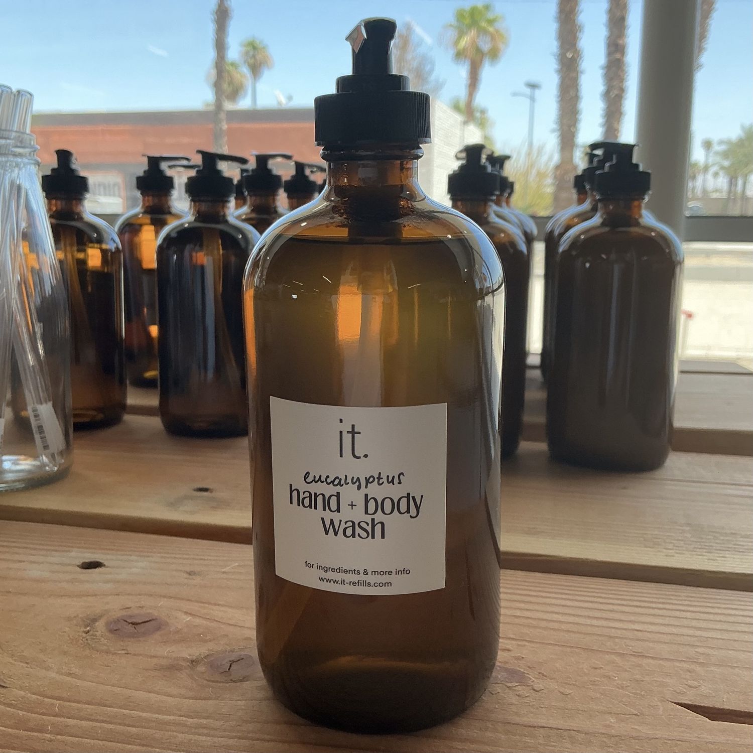 Eucalyptus Hand &amp; Body Wash w/pump, Color: brown, Size: 16 oz glass bottle