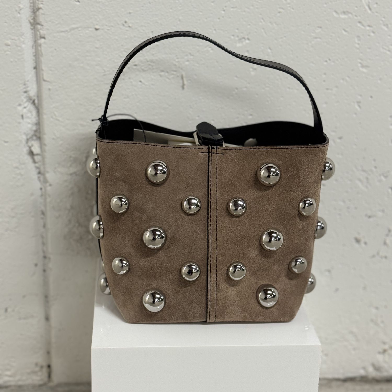 Small Bucket Bag, Style: Sand Suede/Nickle Studs