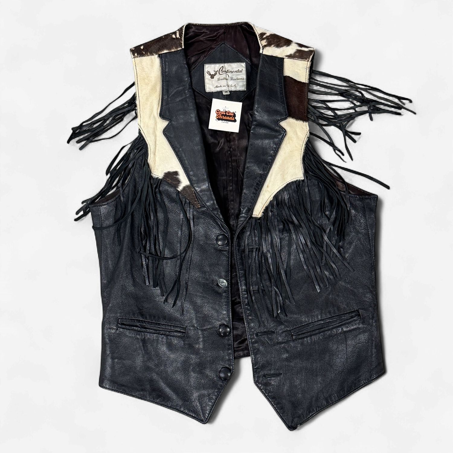 35 Continental - Cow Print Fringe Leather Vest