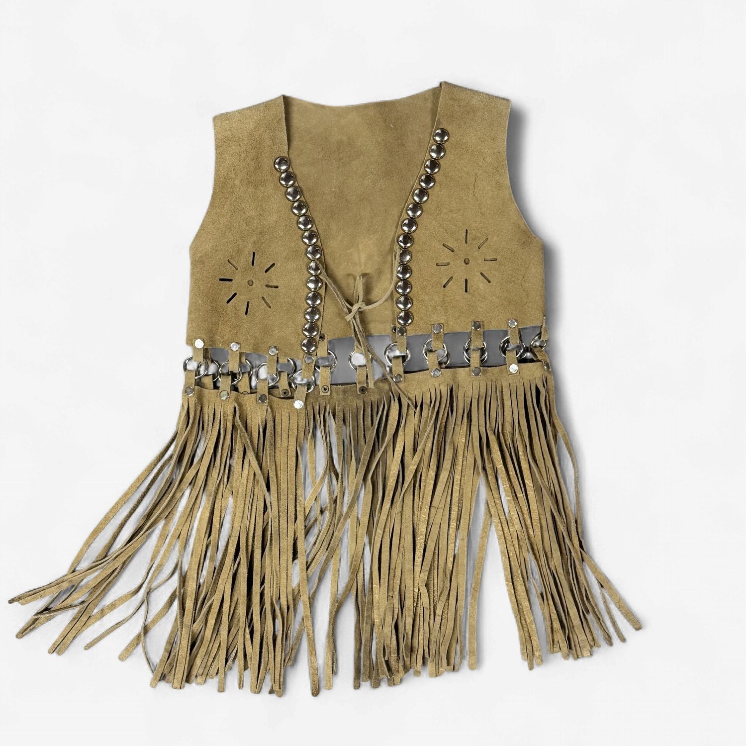 11 Tan Leather Studded Fringe Vest