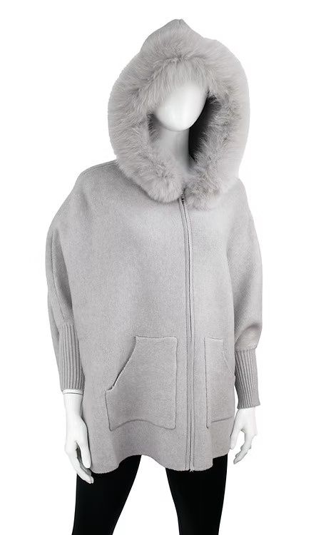 POYU40 Knit Poncho Fox Fur Trim, Colour: Grey