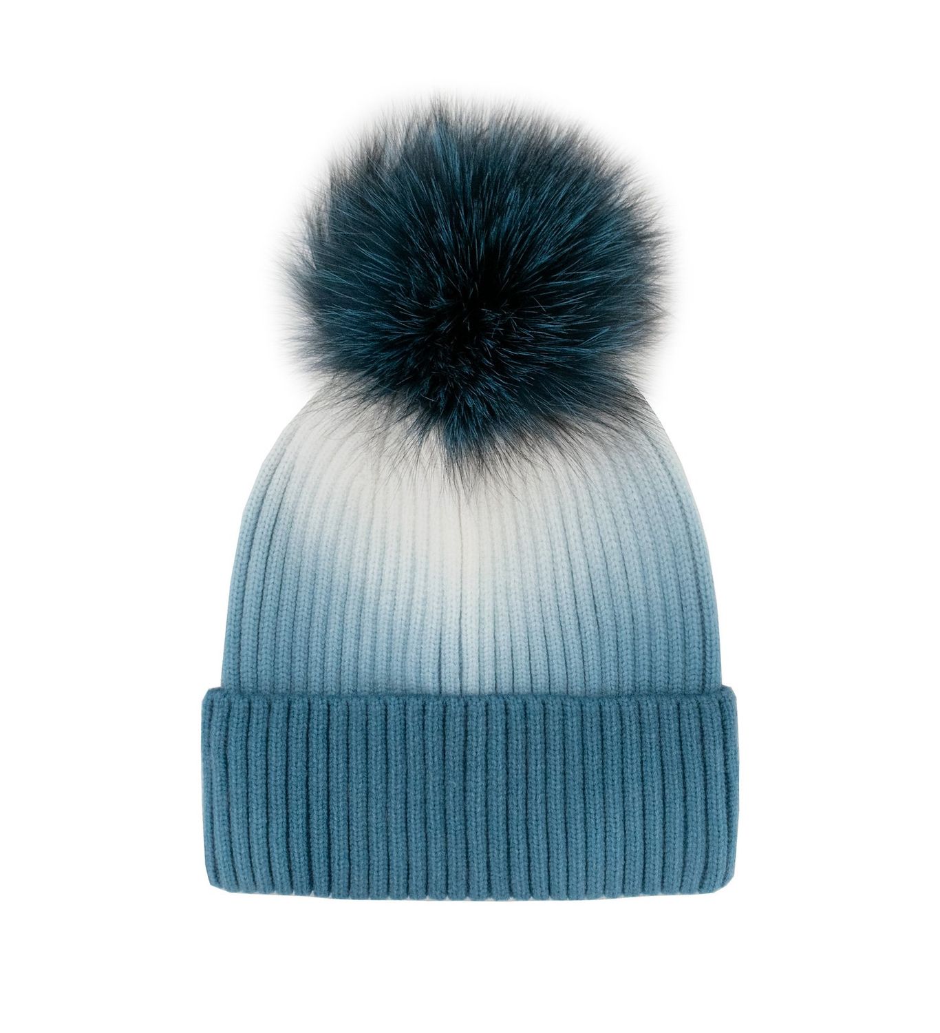 HTHL05 Dip Dye Knit Beanie Fox Pom, Colour: Blue
