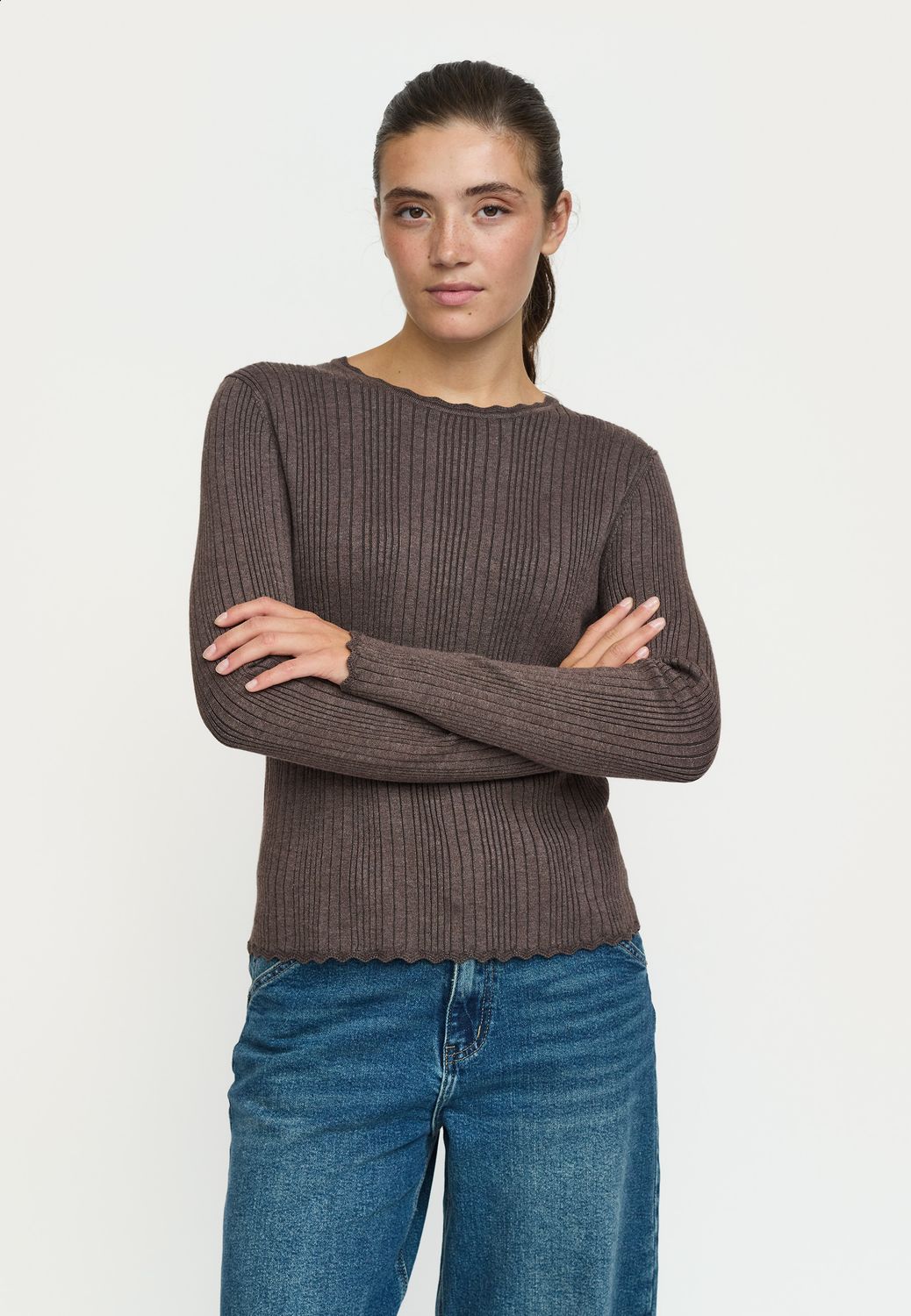 Soft Rebels Marla lace edge knit - coffee quartz melange