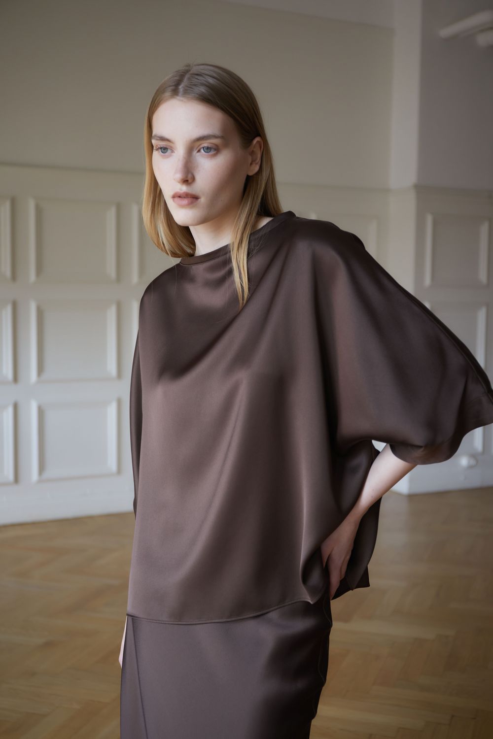 Tori Satin Tee - Dark Brown