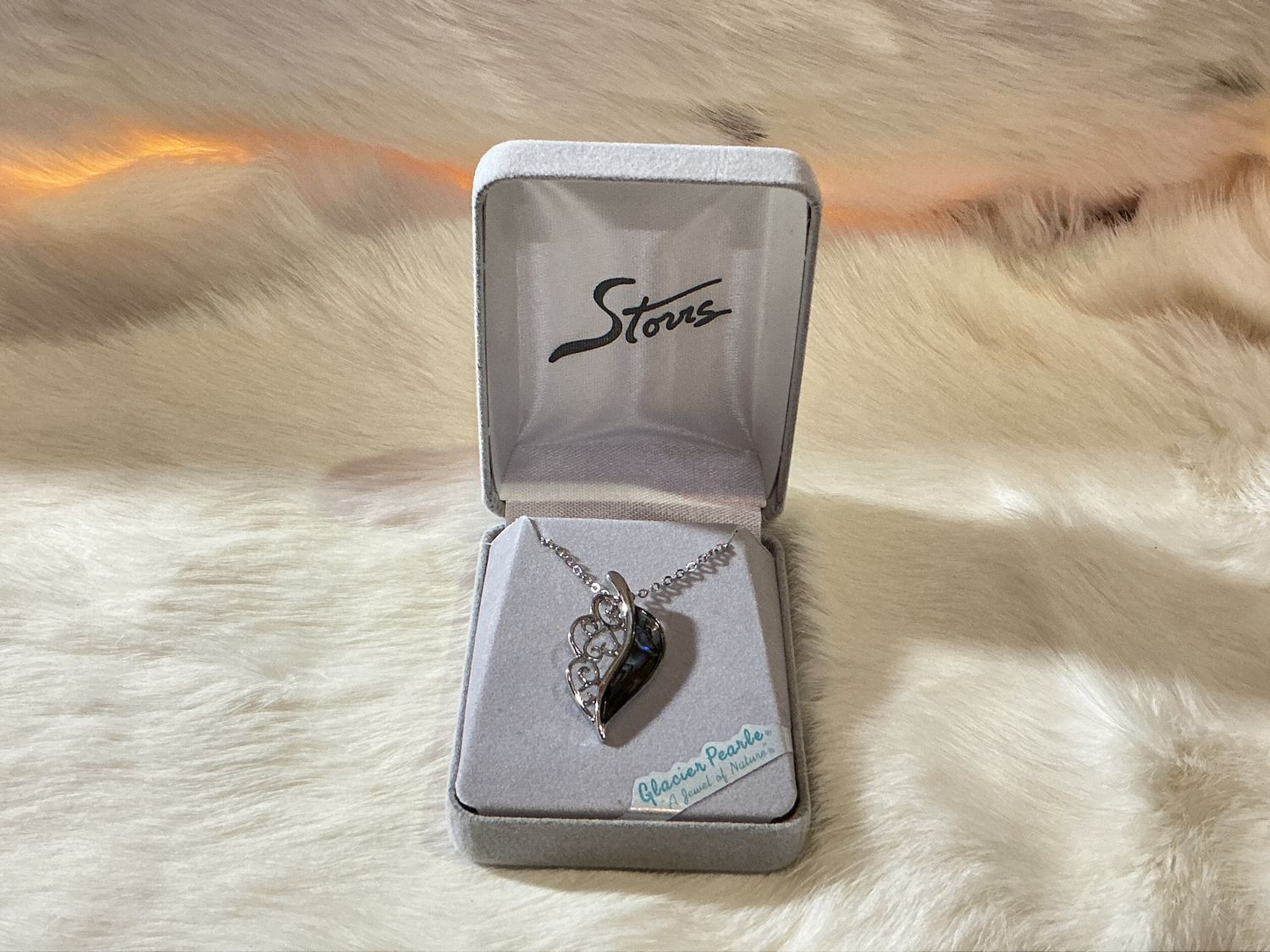 Glacier Pearl filigree feather necklace