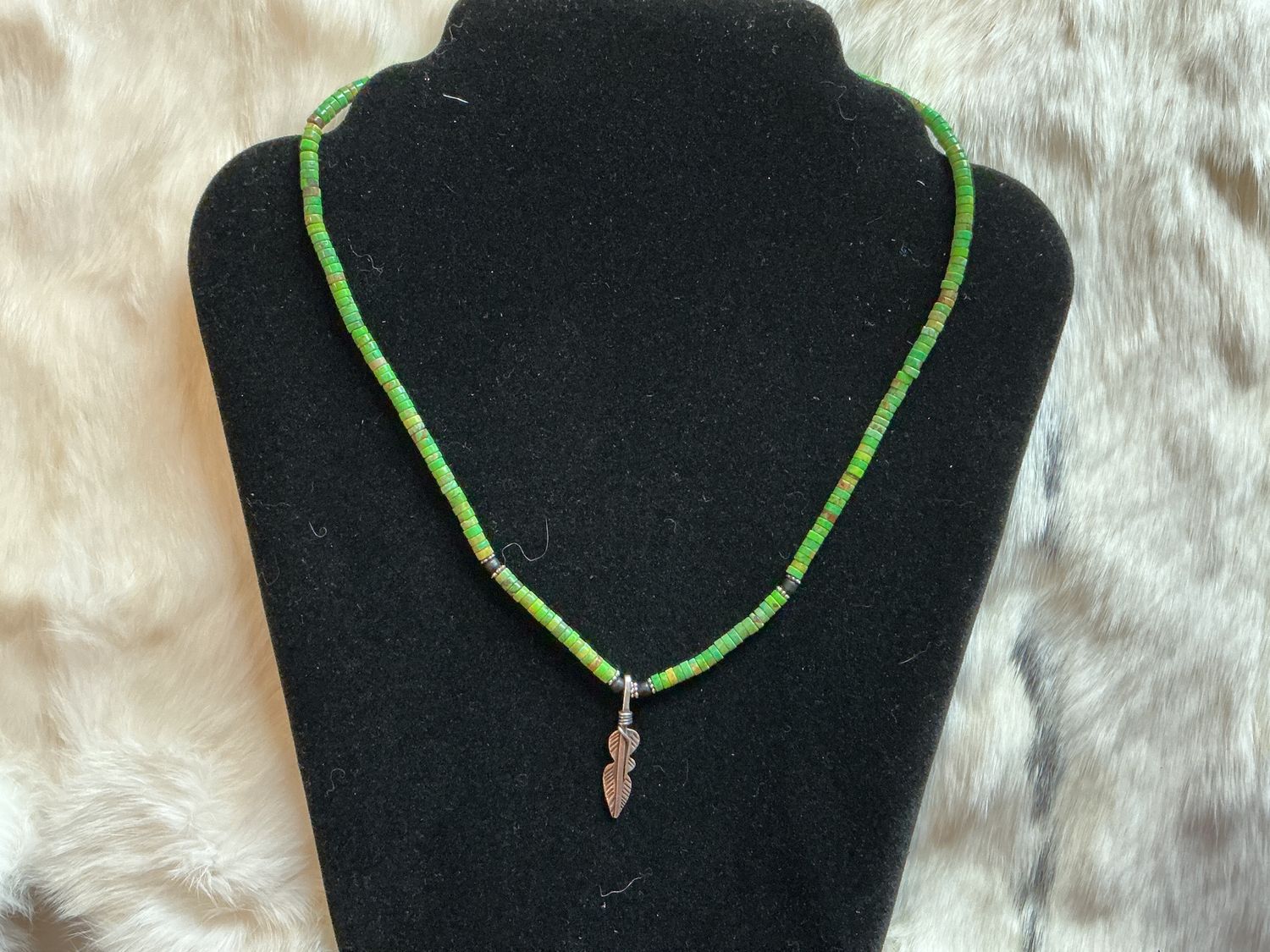 Green turquoise necklace with sterling silver navajo made pendent