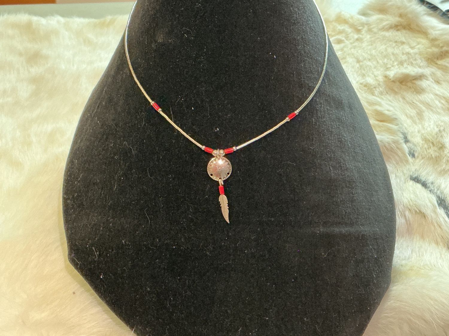 Dainty Single Feather Dreamcatcher Necklace- Red Accents