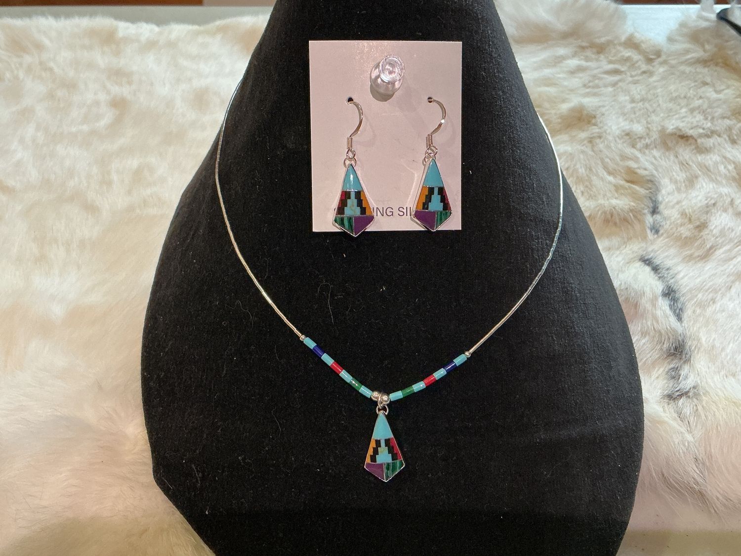 Multicoloured geometric sterling silver necklace and earring set