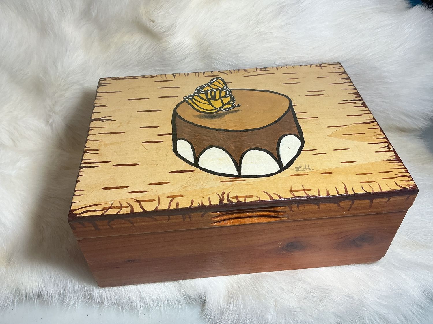 Linda Helin monarch on drum box (birch bark) O/C