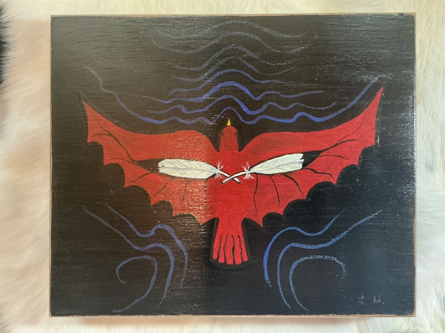 Linda Helin large black box with red bird O/C