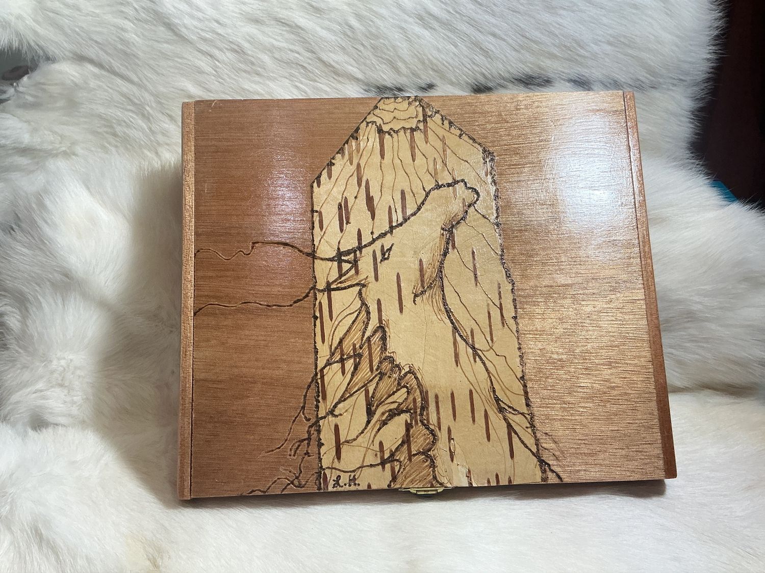 Linda Helin wood burnt horse box (birch bark) O/C