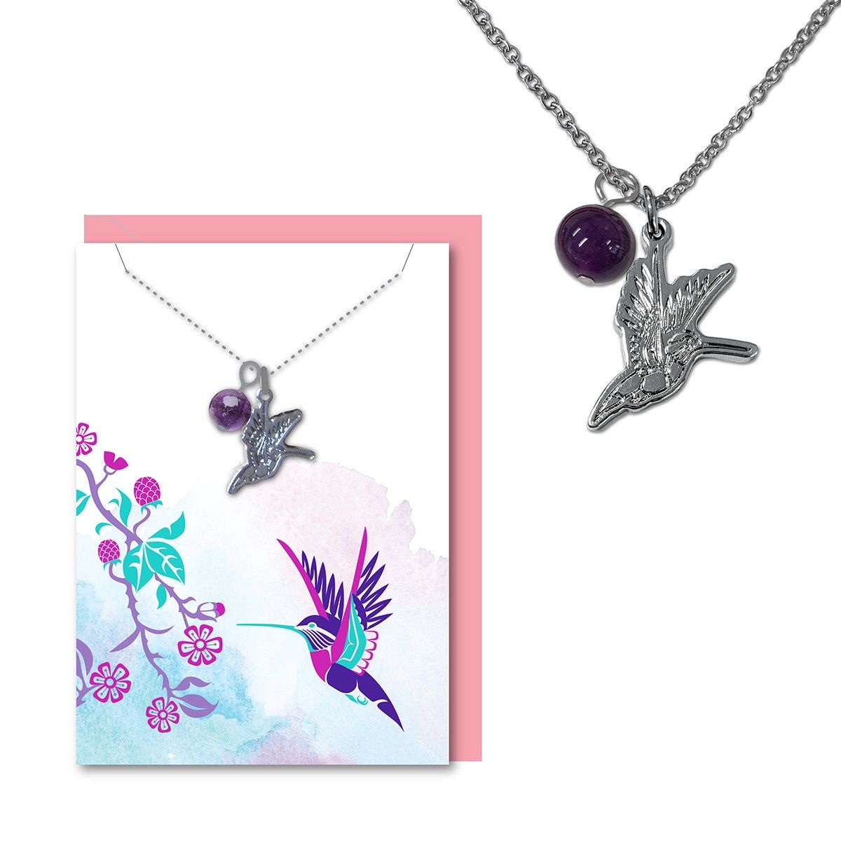 Native Northwest Healing Necklace with 8mm Semi-precious Stone Bead, Style: Hummingbird Amethyst