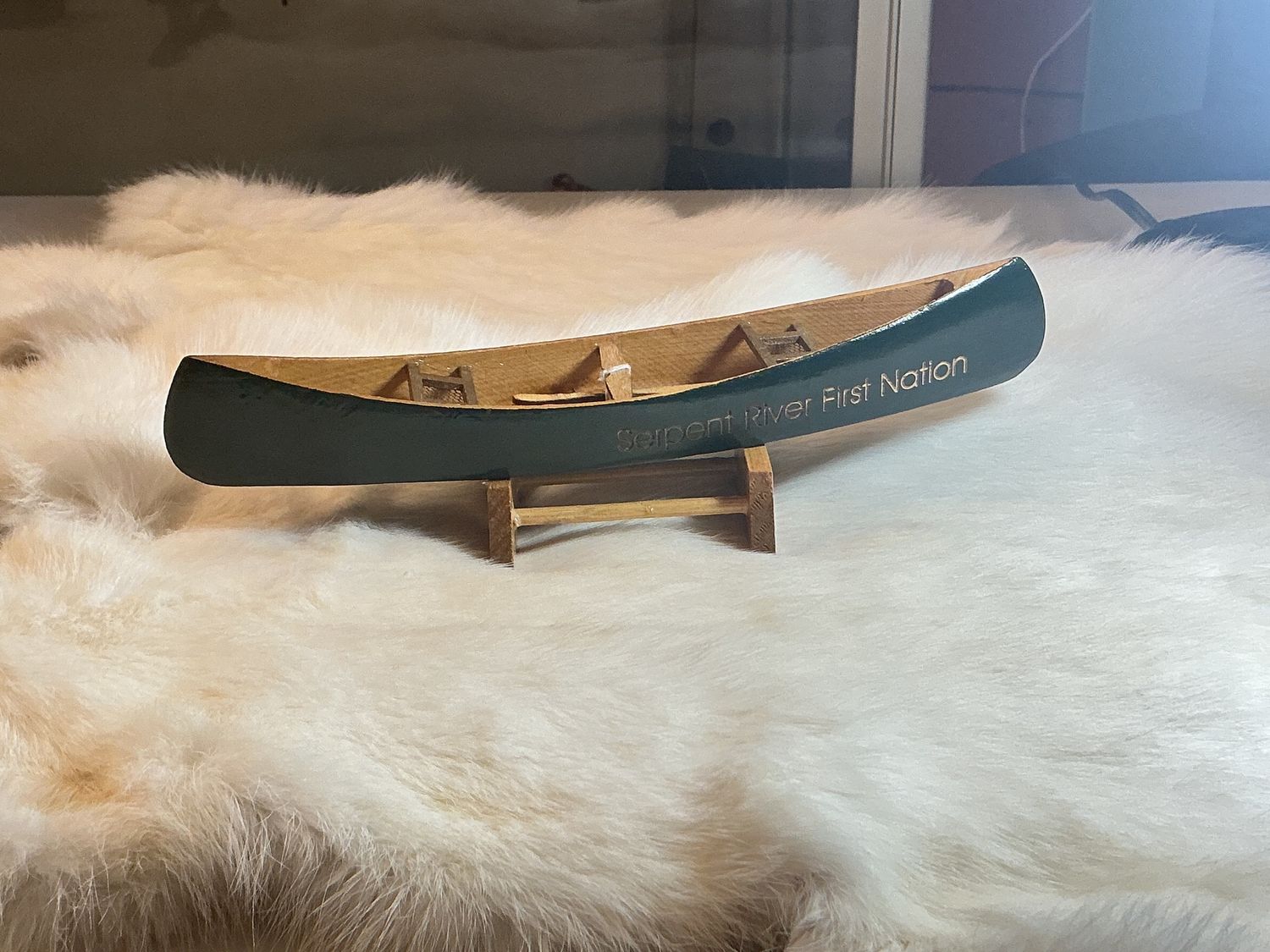 9” Wooden Canoe SRFN with Stand, Color: Green, Design: Serpent River First Nation