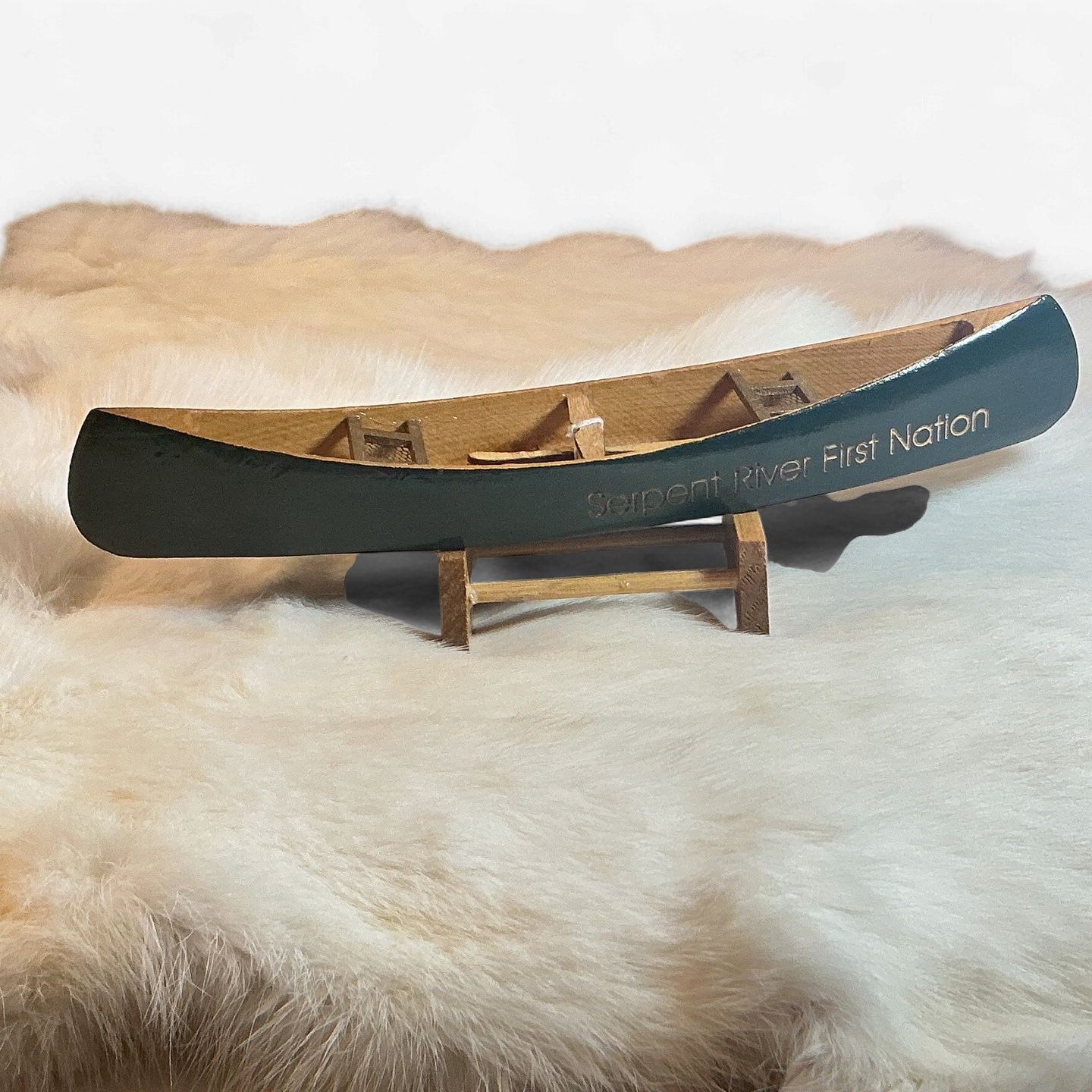 9” Wooden Canoe SRFN with Stand, Color: Green, Design: Serpent River First Nation