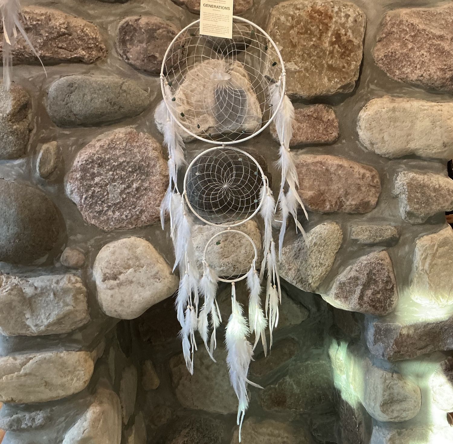 Dream Catcher- “Generations” White Feathers &amp; Green Gemstones