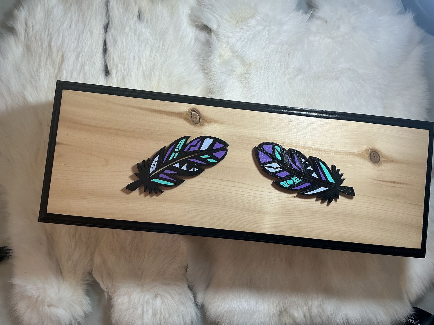 Wooden Box Purple &amp; Turquoise Feathers