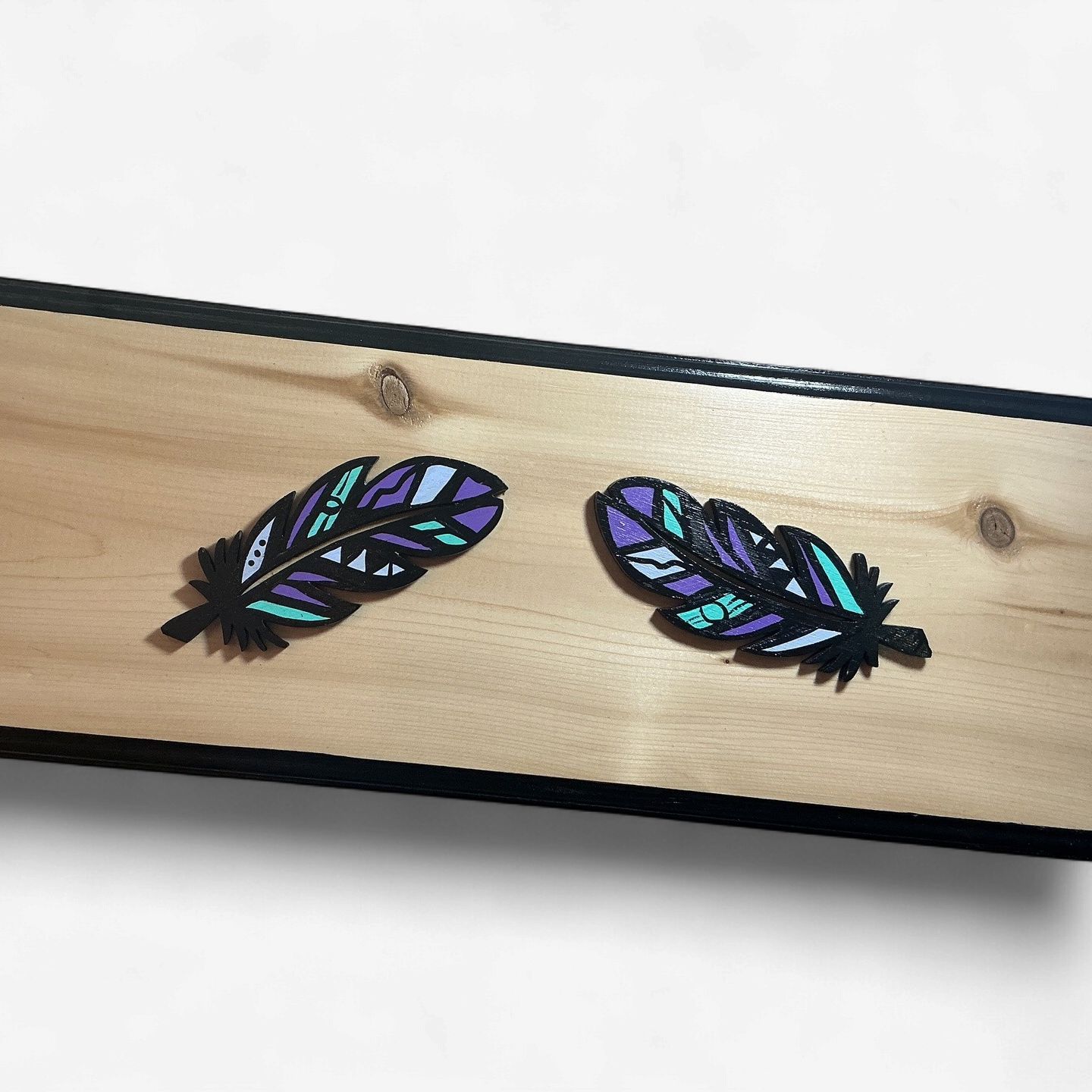 Wooden Box Purple &amp; Turquoise Feathers