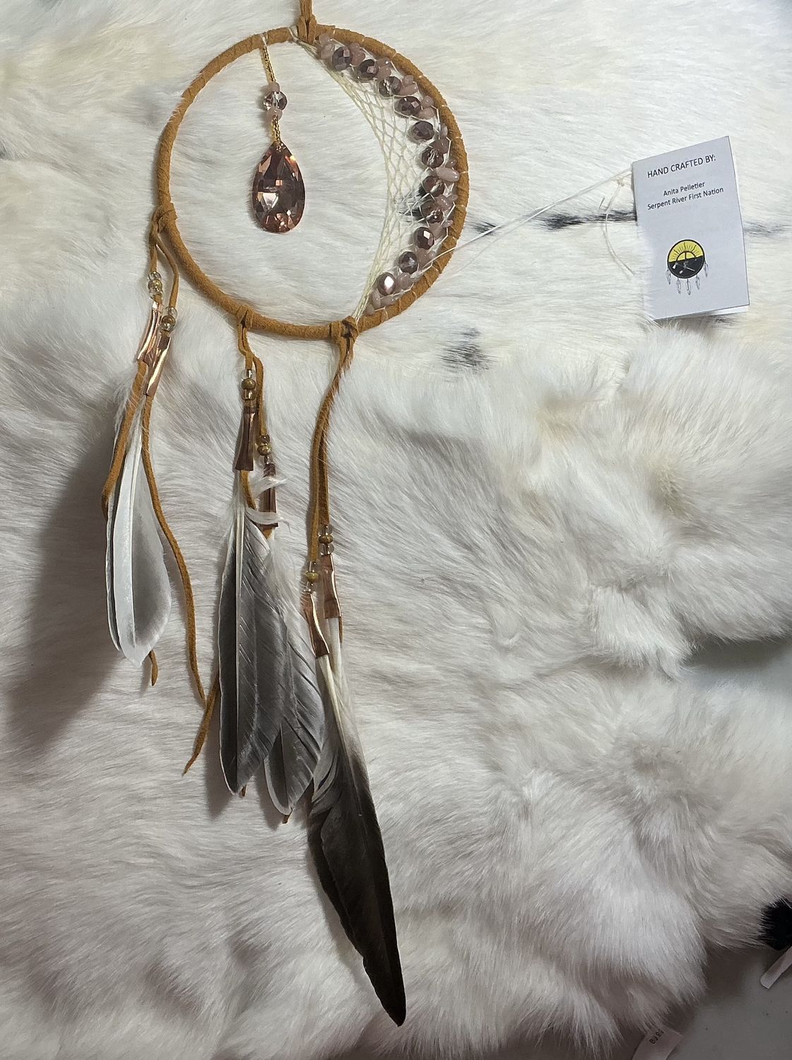 Dreamcatcher 5” Crescent Moon Design by Anita Pelletier, Colorway: Tan with Rose Quartz