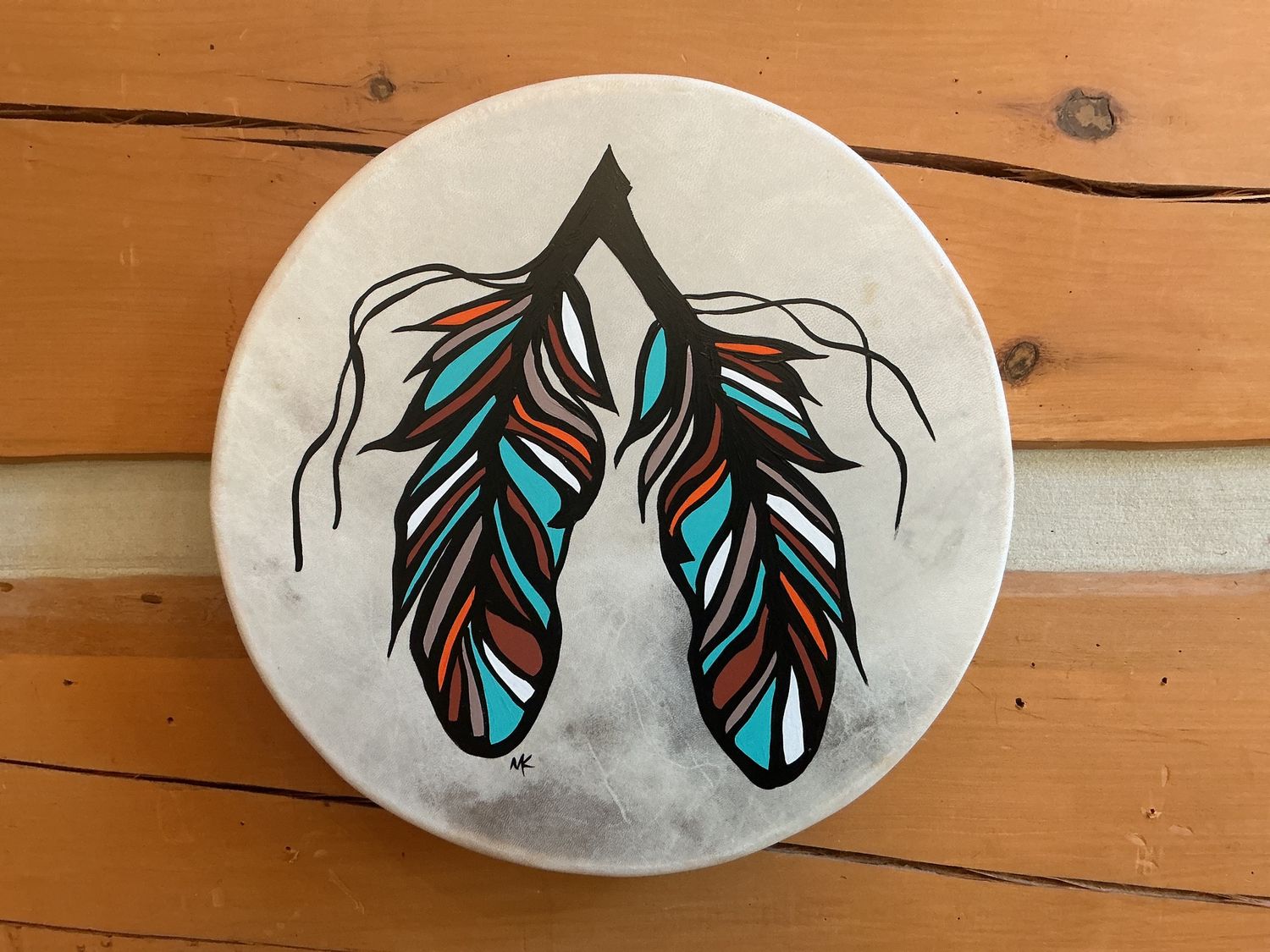 Hand Drum with Painted Feathers - Multicoloured