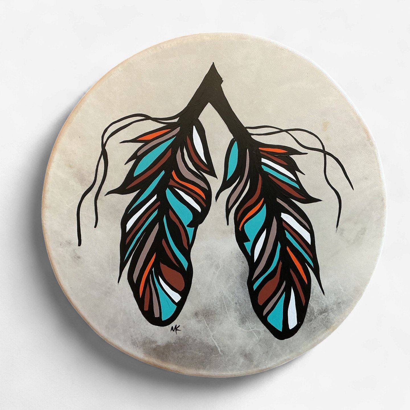 Hand Drum with Painted Feathers - Multicoloured