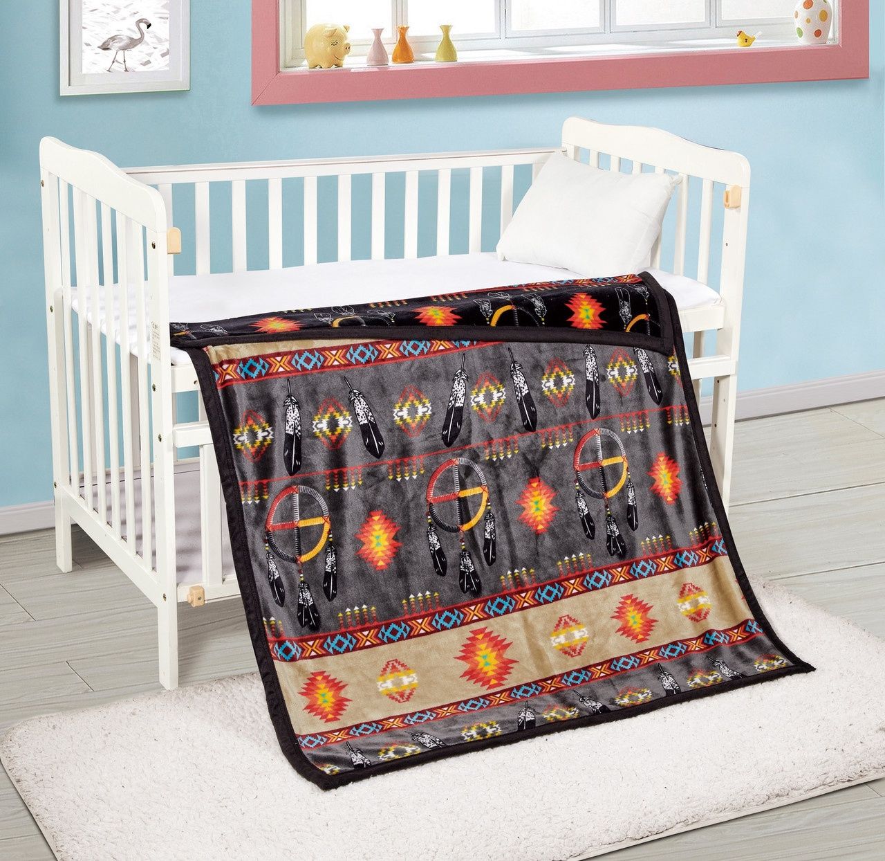 Nu Trendz Medicine Wheel with Eagle Feather Baby Blanket, Colour: Grey