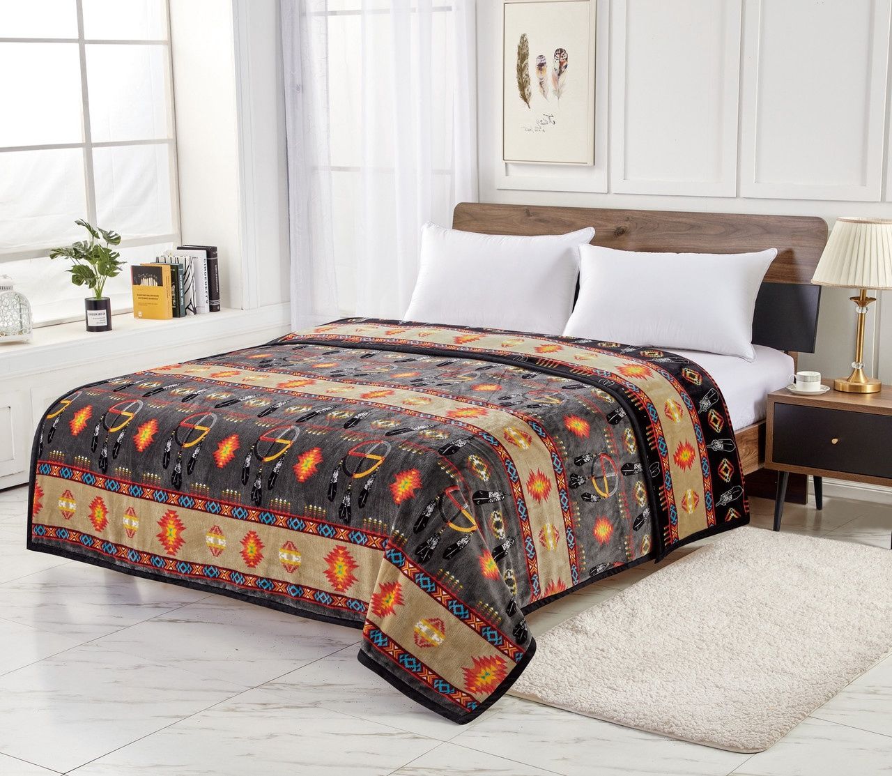 Nu Trendz Signature Collection Medicine Wheel with Eagle Feather Reversible King Blanket, Colour: Grey