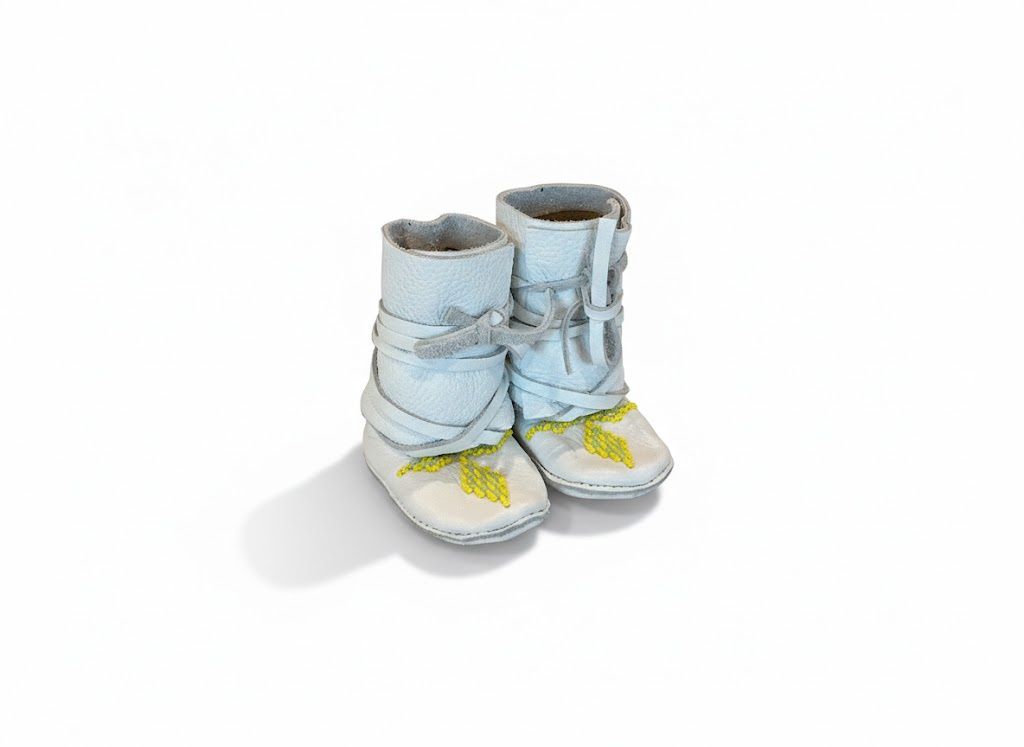 Handmade Wrap Around Moccasin Bootie, Size: Newborn, Style: White Bead