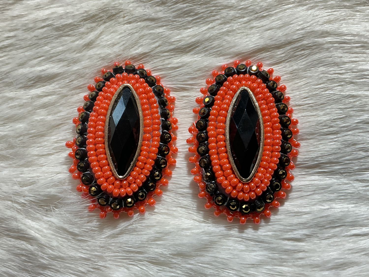BC Trading Coral/Black Oval Beaded Earrings