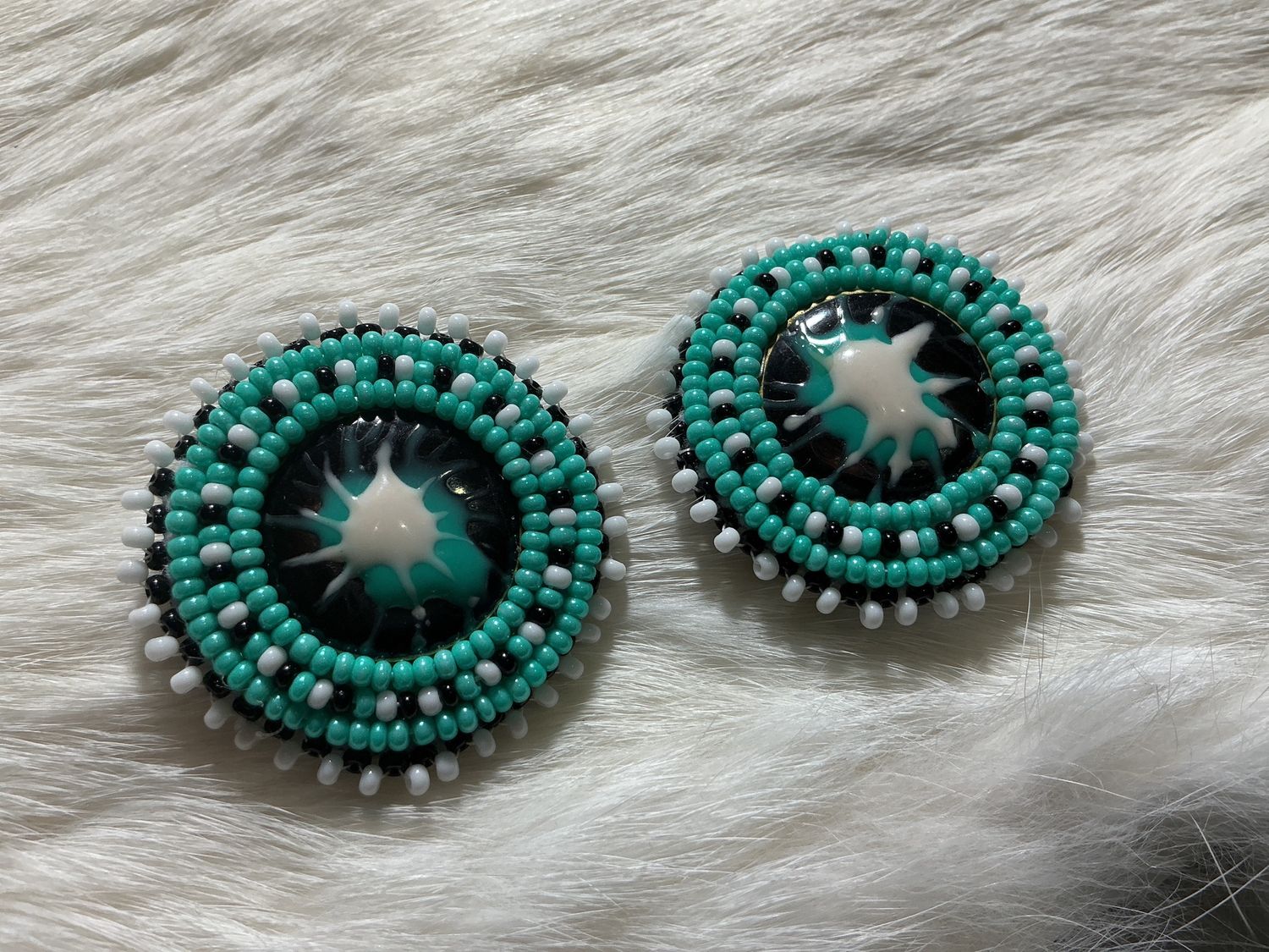 BC Trading Medium Round Clip On Earrings - Teal/White/Black