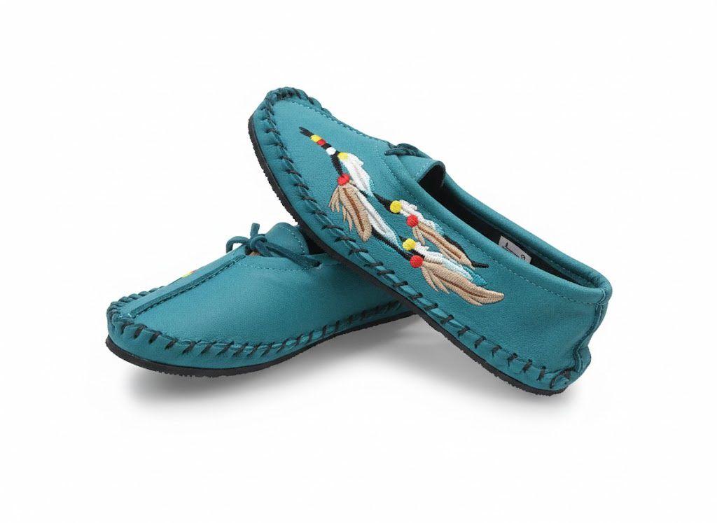 Feather Embroidered Ballet Slipper Rubber Sole- Ladies, Color: Turquoise, Size: 6