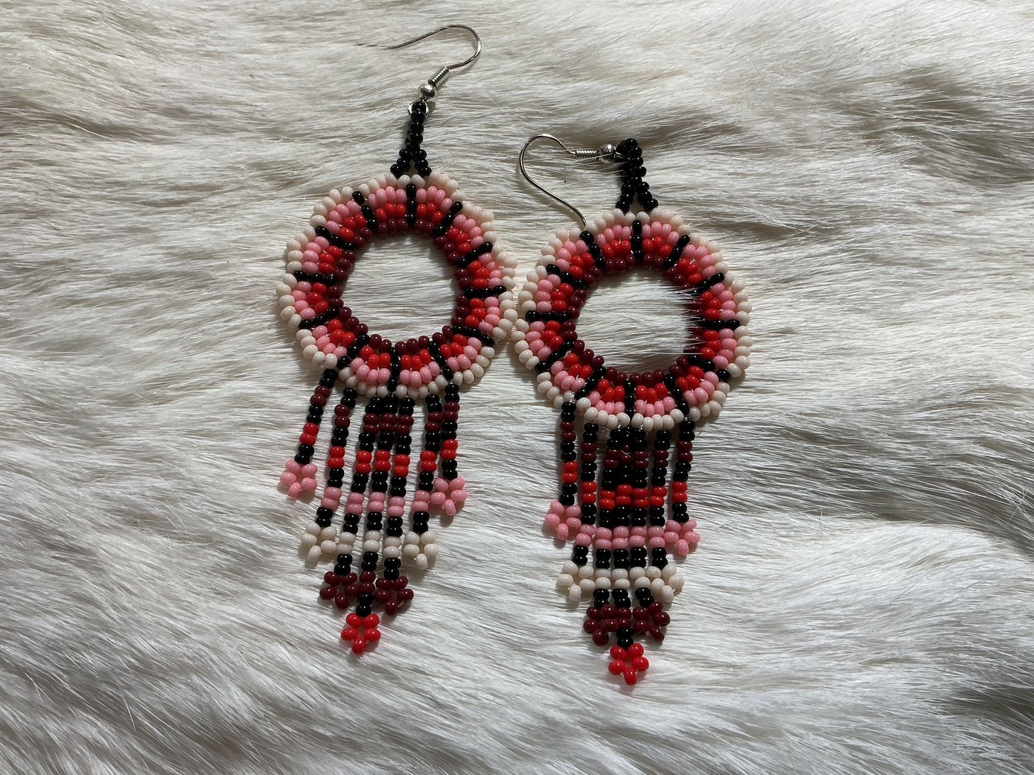Beaded Hoop Dangle Earrings Red/Pink