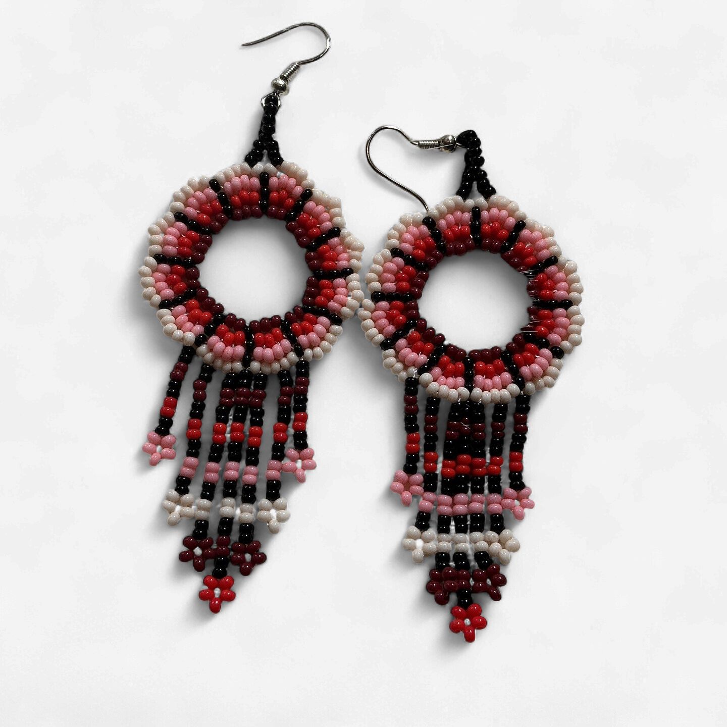 Beaded Hoop Dangle Earrings Red/Pink