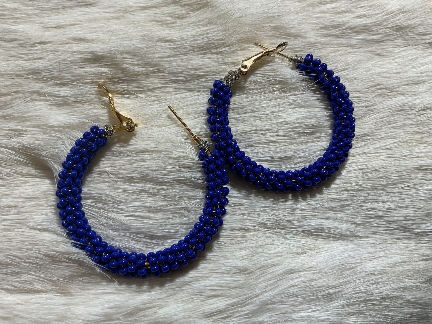 Small Navy Beaded Hoop Earrings by Calista Matinet