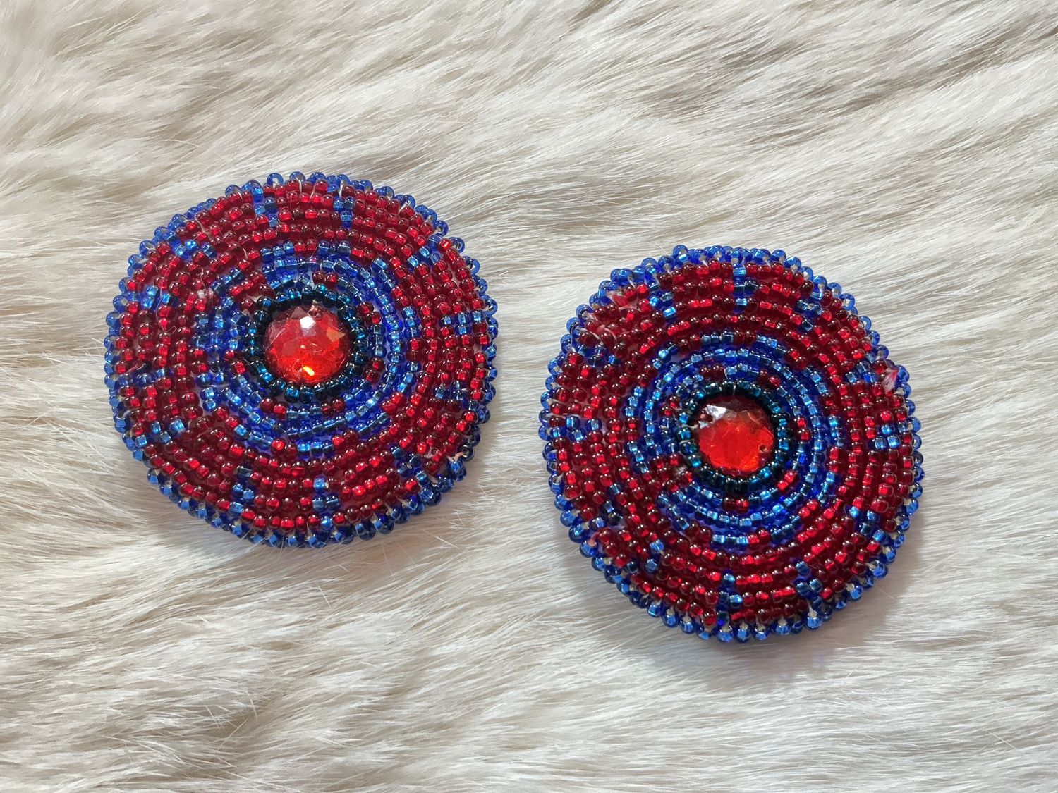 Blue/Red Beaded Round Earring by Marella Schofield