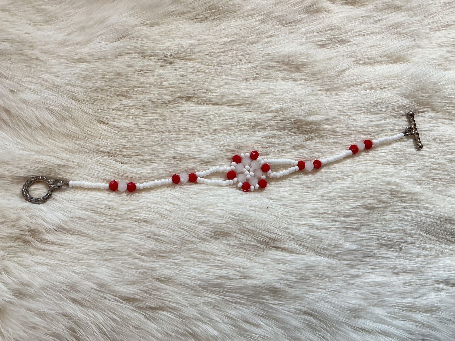 White and Red Beaded Bracelet by Anita Pelletier