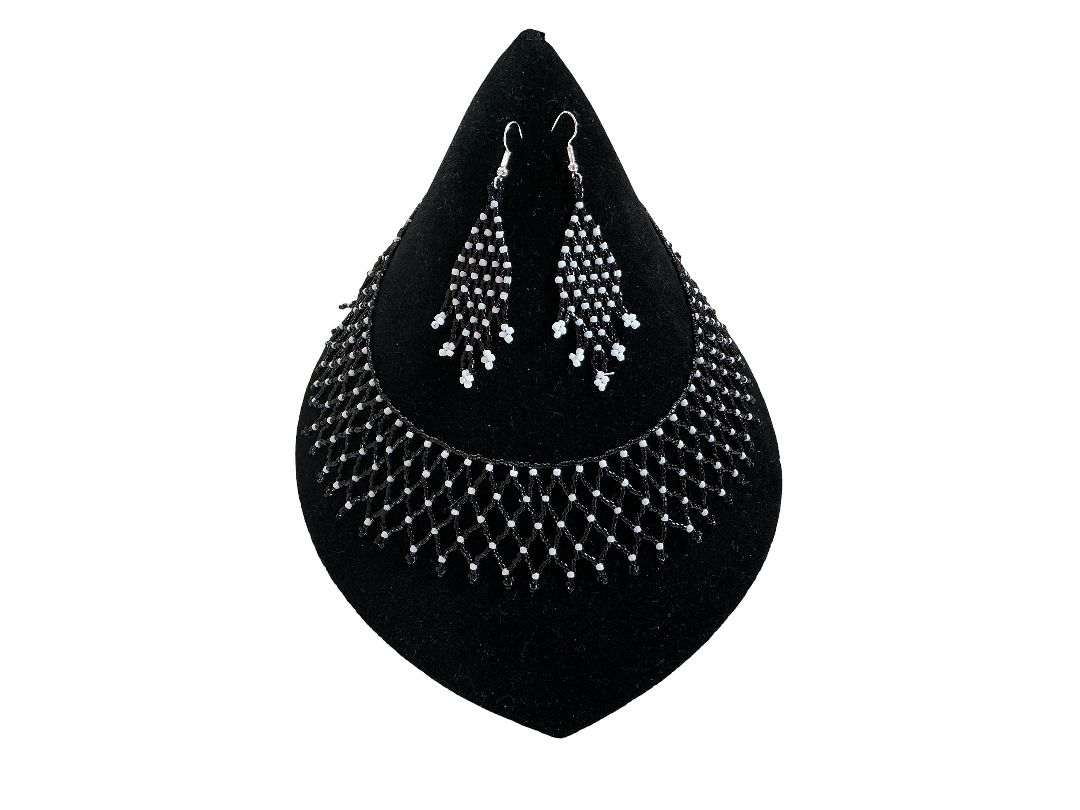 Black &amp; White Beaded Necklace + Earring Set by Anita Pelletier