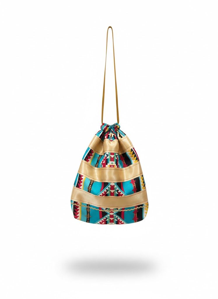 Ribbon Drawstring Pouch, Design: Navajo- Cream