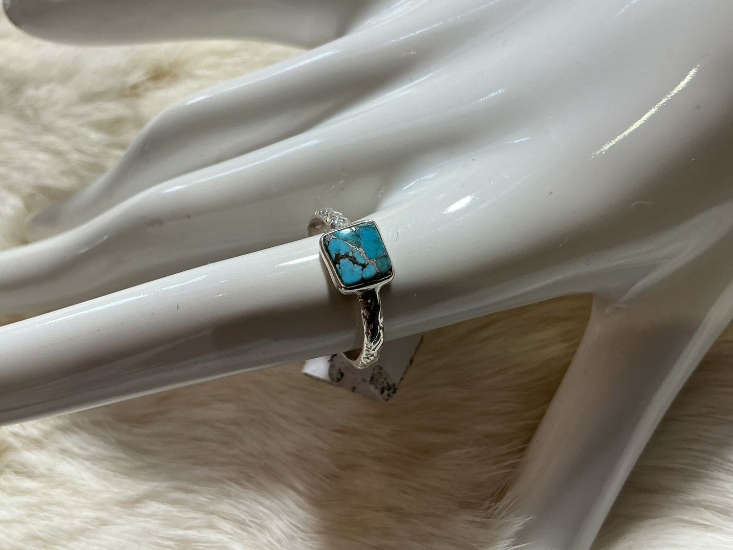 Dainty Sterling Silver Turquoise Rings, Style: Square