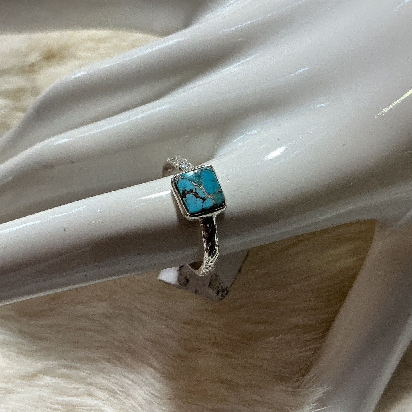 Dainty Sterling Silver Turquoise Rings, Style: Square