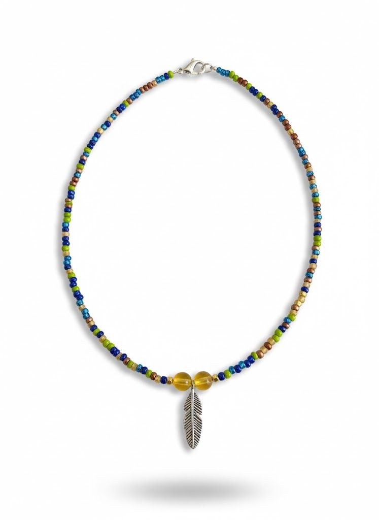 Feather Charm Beaded Necklace, Colorway: Earth Tones