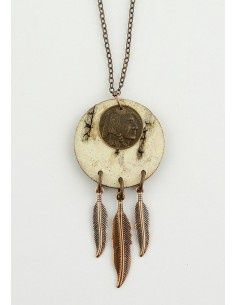 Birch Bark Necklace With Metal Feathers &amp; Coin Pendant