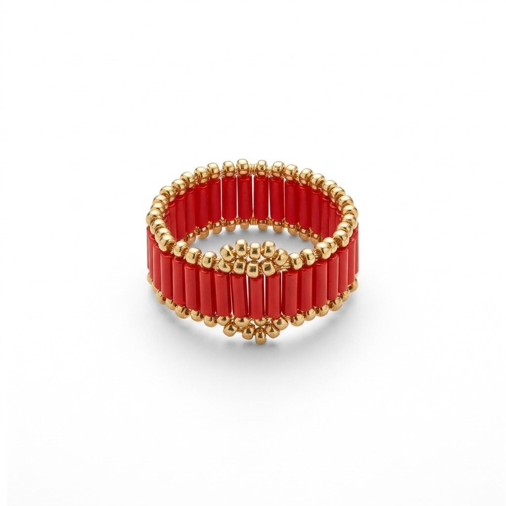 Plain Beaded Band Rings, Color: Red &amp; Gold