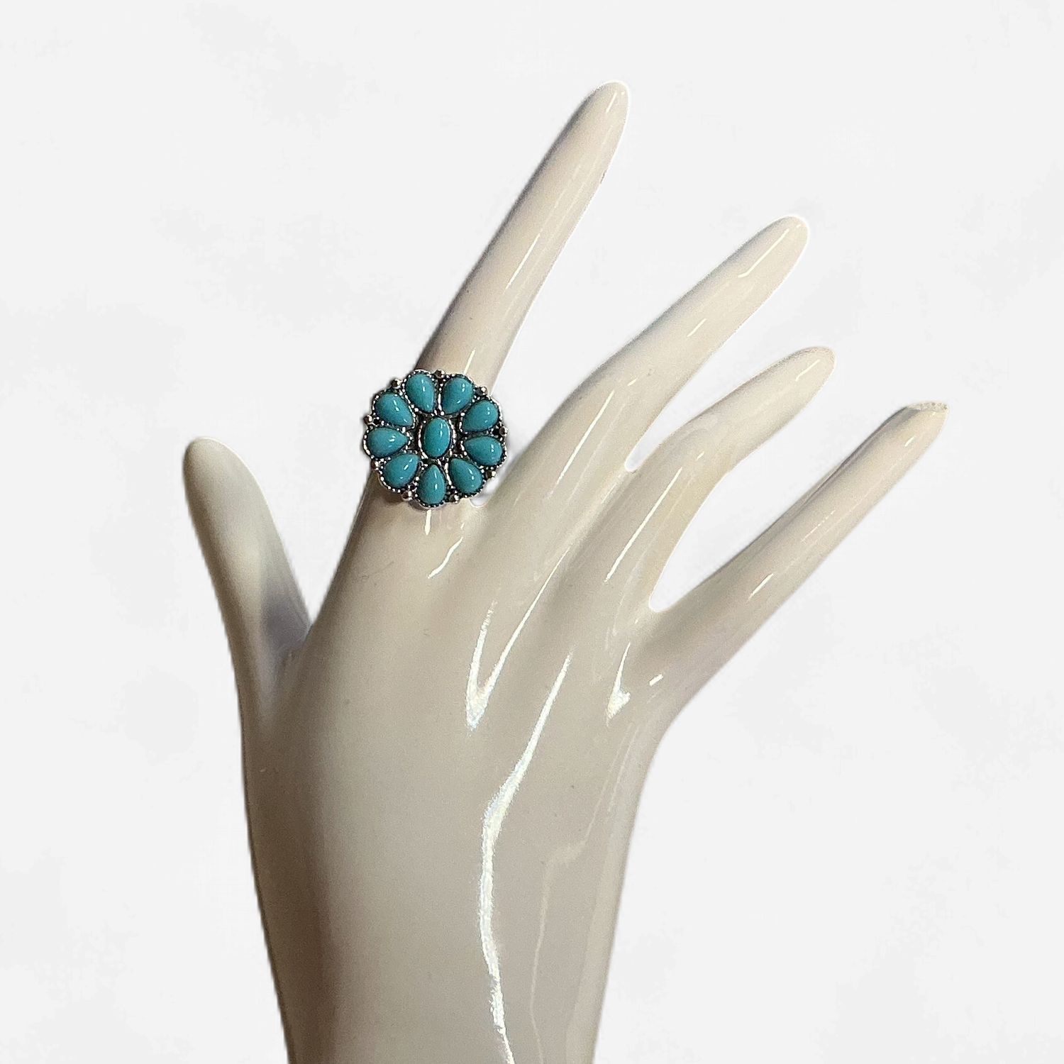 Assorted Silver Turquoise Rings, Design: Turquoise Stone Flower- Size 5