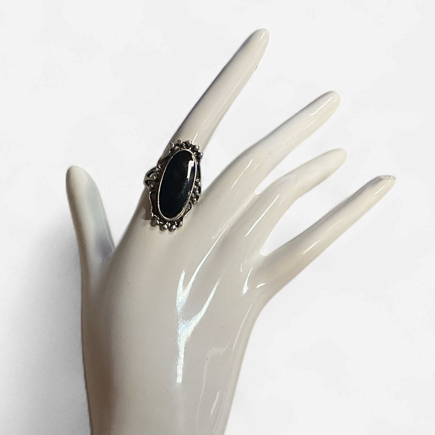 Assorted Silver Black Stone Rings, Design: Statement Oval- Size 7.5