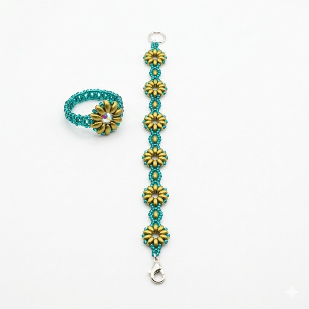 Beaded Flower Bracelet &amp; Ring Set, Colour: Teal- 8 Inch
