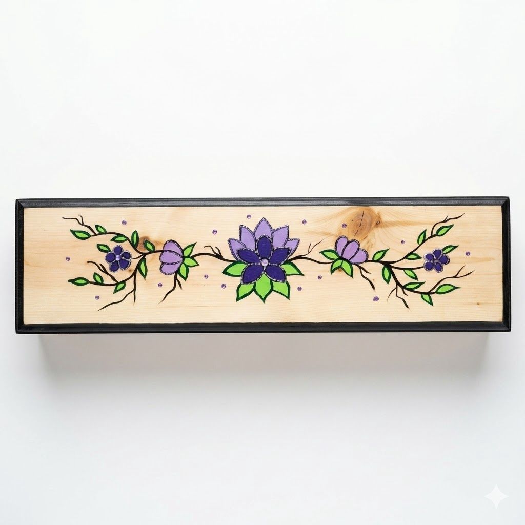 Wooden Hand Painted Feather Box, Design: Purple Floral