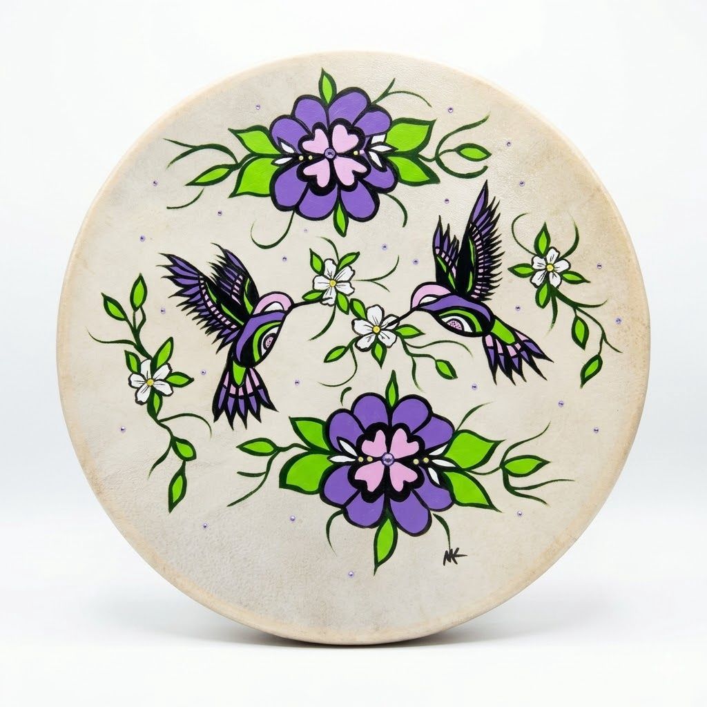Hand Painted 14" Drum, Design: Hummingbird Floral
