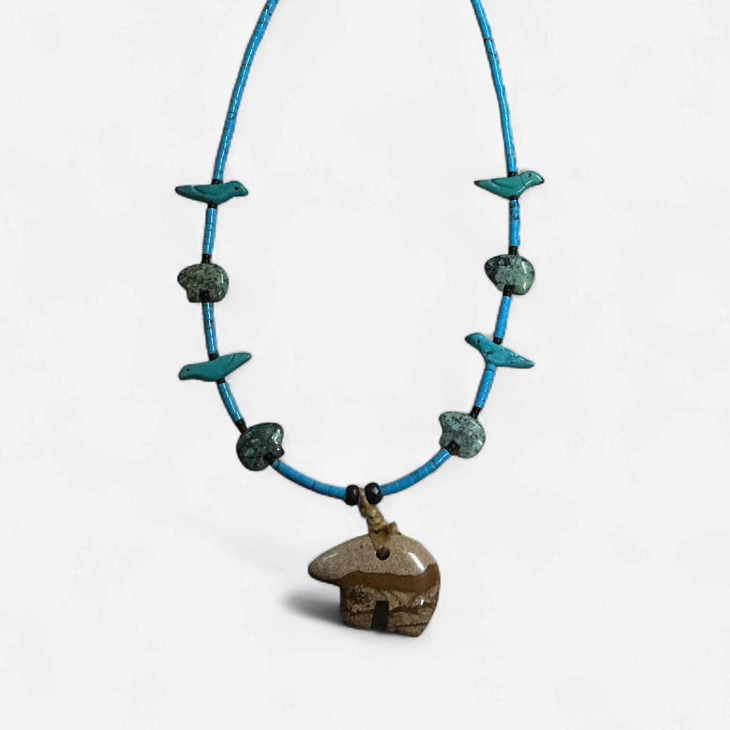 Turquoise Bear Pendant and Bird Charms Necklace