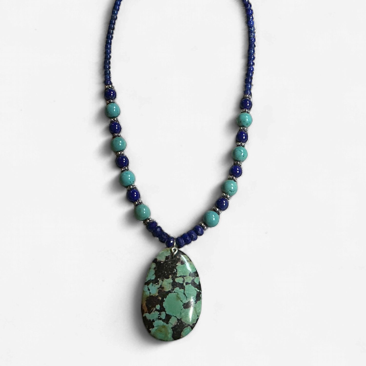 Large Turquoise Pendant and Lapis Lazuli Bead Necklace